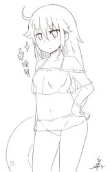Rule 34 | 1girl, ahoge, facebook, greyscale, hand on own hip, innertube, jitome, lineart, long hair, midriff, monochrome, navel, personification, signature, simple background, solo, sparkle, standing, swim ring, swimsuit, tsukigi, white background