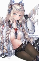 Rule 34 | 1girl, black gloves, black pantyhose, black ribbon, blonde hair, blue eyes, breasts, closed mouth, commentary request, crown (nikke), drill hair, gloves, goddess of victory: nikke, hair ribbon, highres, large breasts, long hair, long sleeves, looking at viewer, navel, open clothes, open shirt, pantyhose, ribbon, shirt, simple background, sitting, snm (sunimi), solo, white background, white shirt