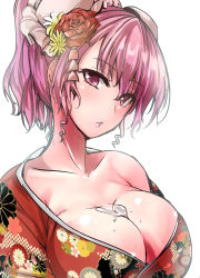 Rule 34 | 1girl, alternate costume, alternate hairstyle, between breasts, blush, breasts, bun cover, bust cup, cleavage, collarbone, double bun, earrings, floral print, flower, from side, hair bun, hair flower, hair ornament, highres, ibaraki kasen, japanese clothes, jewelry, kimono, large breasts, looking at viewer, looking to the side, off shoulder, pink eyes, pink hair, ponytail, revision, sidelocks, solo, touhou, upper body, y2