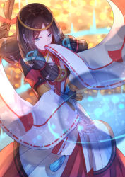 Rule 34 | 1girl, absurdres, blue eyes, braid, brown hair, character name, copyright name, covering own mouth, detached sleeves, headband, highres, long hair, long sleeves, onmyoji, ponytail, red skirt, skirt, sleeves past wrists, sll, solo