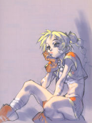 Rule 34 | 1girl, bandages, blonde hair, blue eyes, bodypaint, chrono (series), chrono cross, gloves, head rest, highres, jewelry, kid (chrono cross), long hair, midriff, multi-tied hair, necklace, official art, ponytail, sitting, sketch, solo, square enix, yuuki nobuteru