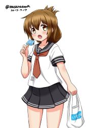 Rule 34 | 10s, 1girl, 2017, anchor symbol, bag, black legwear, blue sailor collar, blue skirt, brown hair, cowboy shot, dated, eating, folded ponytail, food, inazuma (kancolle), kantai collection, long hair, masara (chuujou), neckerchief, plastic bag, pleated skirt, popsicle, red neckerchief, sailor collar, school uniform, serafuku, short sleeves, simple background, skirt, solo, twitter username, white background