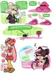 Rule 34 | + +, :p, bent over, black hair, black shirt, black shorts, brown eyes, callie (splatoon), casual, cellphone, closed eyes, comic, cousins, detached collar, dress, e-liter 3k (splatoon), earrings, eating, english text, fangs, food, food on head, fruit, fume, gloves, gomipomi, grey hair, holding, holding food, holding phone, holding weapon, ice cream, ice cream cone, inkling, jewelry, kneeling, long hair, marie (splatoon), mask, mole, mole under eye, musical note, nintendo, object on head, open mouth, phone, pink dress, pointy ears, pout, quaver, shirt, short hair, short sleeves, shorts, smartphone, smile, squid, standing, strapless, strawberry, t-shirt, tentacle hair, tongue, tongue out, weapon, white gloves