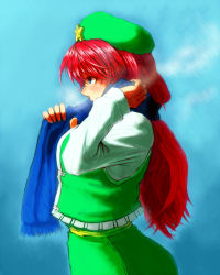 Rule 34 | 1girl, beret, blue background, blue eyes, blue scarf, breath, chinese clothes, from side, hat, hong meiling, koyubi (littlefinger1988), long hair, long sleeves, looking away, puffy long sleeves, puffy sleeves, red hair, scarf, scarf over mouth, shirt, solo, star (symbol), steam, tangzhuang, touhou, upper body, white shirt