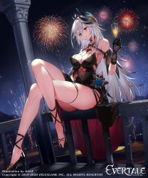 Rule 34 | 1girl, absurdres, alcohol, bare shoulders, black dress, black gloves, breasts, character request, cleavage, cup, dress, drinking glass, evertale, fireworks, glass, gloves, hair ornament, high heels, highres, holding, holding cup, kakage, large breasts, crossed legs, long hair, looking at viewer, night, night sky, official art, red eyes, silver hair, sitting, sky, thigh strap, watermark, wine glass
