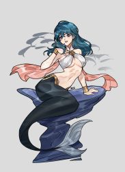 Rule 34 | 1girl, absurdres, arm support, blue eyes, blue hair, breasts, byleth (female) (fire emblem), byleth (fire emblem), commentary, commission, english commentary, fire emblem, fire emblem: three houses, full body, grey background, hair between eyes, highres, korean commentary, medium breasts, mermaid, mixed-language commentary, monster girl, navel, nintendo, open mouth, pixiv commission, silvercandy gum, simple background, sitting, solo, teeth, tongue, underboob, watermark