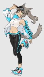Rule 34 | 1girl, animal ears, arm up, bare shoulders, black hat, black legwear, black pants, blue footwear, blue jacket, breasts, cat ears, cat tail, choco c14, commentary request, crop top, full body, green eyes, halterneck, hand on headwear, hat, jacket, looking at viewer, midriff, navel, open clothes, open jacket, original, pants, ponytail, shirt, shoes, sidelocks, silver hair, simple background, sleeveless, sleeveless shirt, smile, sneakers, solo, sportswear, standing, standing on one leg, stomach, striped clothes, striped footwear, striped jacket, striped legwear, tail, visor cap, white background, white jacket