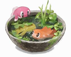 Rule 34 | artist name, bowl, bright pupils, brown eyes, commentary, creatures (company), game freak, highres, in water, lily pad, looking at another, mokuzou (moku ssbu), moss, nintendo, no humans, partially submerged, plant, pokemon, pokemon (creature), simple background, submerged, swimming, symbol-only commentary, tatsugiri, tatsugiri (curly), tatsugiri (droopy), tatsugiri (stretchy), water, white background, white pupils