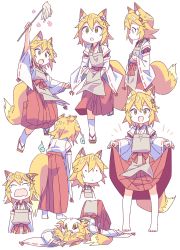 Rule 34 | 1girl, :&gt;, :d, :o, animal ear fluff, animal ears, apron, blonde hair, clothes lift, commentary, commentary request, covering own mouth, crying, fang, flower, fox ears, fox girl, fox tail, geta, hair between eyes, hair flower, hair ornament, highres, japanese clothes, lifted by self, looking at viewer, looking away, miko, multiple views, open mouth, ribbon-trimmed sleeves, ribbon trim, roku no hito, senko (sewayaki kitsune no senko-san), sewayaki kitsune no senko-san, short hair, simple background, sitting, skin fang, skirt, skirt lift, smile, socks, standing, tail, white background, white legwear, wide-eyed, wide sleeves, yellow eyes, | |
