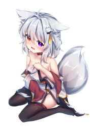 Rule 34 | 1girl, aged down, ahoge, animal ears, bare shoulders, bell, black thighhighs, blush, breasts, choker, collarbone, dress, embarrassed, fang, female focus, fox ears, fox girl, fox tail, full body, grey hair, hair between eyes, hair intakes, hair ornament, heterochromia, highres, indie virtual youtuber, jingle bell, long sleeves, looking at viewer, official art, open mouth, oversized clothes, purple eyes, red choker, red eyes, shiny skin, short hair, side slit, sidelocks, simple background, sitting, skin fang, sleeves past fingers, sleeves past wrists, small breasts, solo, tail, thighhighs, umou (may65879), wariza, white background, white dress, wide sleeves, ye qing (vtuber)