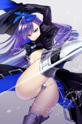 Rule 34 | 1girl, armored boots, belt, blue eyes, blue ribbon, boots, crotch plate, fate/extra, fate/extra ccc, fate (series), hair ribbon, highres, kicking, long hair, meltryllis (fate), midriff, prosthesis, prosthetic leg, purple hair, ribbon, simple background, sleeves past wrists, smile, spikes, touya (the-moon), water