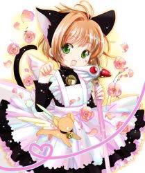 Rule 34 | 1girl, animal ears, apron, arms up, bad id, bad pixiv id, bell, black dress, blush, brown hair, cardcaptor sakura, cat ears, cat tail, cowboy shot, dress, flower, fuuin no tsue, gradient background, green eyes, head tilt, high collar, holding, holding wand, jingle bell, kero (cardcaptor sakura), kinomoto sakura, long sleeves, looking at viewer, naruki, neck bell, open mouth, outline, paw pose, petals, petticoat, short hair, solo, standing, tail, wand, white background, yellow background