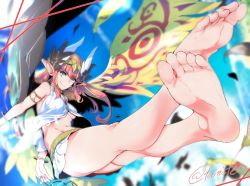 Rule 34 | 1girl, armlet, barefoot, bracelet, circe (fate), fate/grand order, fate (series), feathered wings, feet, foreshortening, head wings, jewelry, long hair, pink hair, pointy ears, skirt, soles, solo, toes, torichamaru, wings