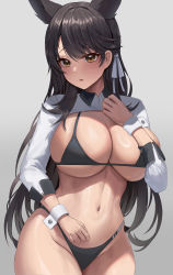 Rule 34 | 1girl, absurdres, animal ears, atago (azur lane), atago (stunning speedster) (azur lane), azur lane, bikini, black bikini, black hair, blush, bow, breasts, brown eyes, cleavage, commentary request, crop top, ear ribbon, grey background, hair ornament, highres, large breasts, long hair, looking at viewer, navel, official alternate costume, onedoo, race queen, simple background, skindentation, solo, stomach, swimsuit, wrist cuffs
