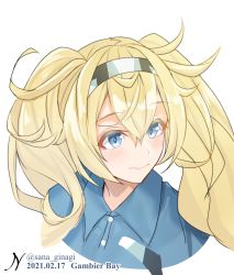 Rule 34 | 1girl, absurdres, blonde hair, blue eyes, blue shirt, blush, character name, closed mouth, cropped shoulders, dated, gambier bay (kancolle), hair between eyes, hairband, highres, kantai collection, long hair, multicolored hairband, nagisa nagi, portrait, shirt, signature, simple background, solo, twintails, twitter username, upper body, white background