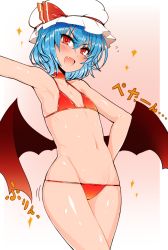 Rule 34 | &gt;:d, 1girl, :d, armpits, bat wings, bikini, blue hair, blush, choker, cowboy shot, fang, flat chest, flying sweatdrops, groin, hand on own hip, hat, highres, hip focus, looking at viewer, lowleg, lowleg bikini, navel, open mouth, orange background, outstretched arm, red bikini, red eyes, remilia scarlet, ribs, roki (hirokix), short hair, simple background, smile, solo, sweat, swimsuit, touhou, v-shaped eyebrows, wings