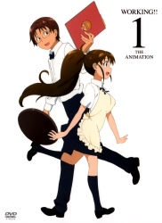 Rule 34 | 1boy, 1girl, absurdres, apron, breasts, brown eyes, brown hair, cover, dvd cover, employee uniform, full body, glasses, high ponytail, highres, long hair, looking at another, looking to the side, official art, open mouth, ponytail, scan, short hair, simple background, size difference, skirt, smile, takanashi souta, taneshima popura, title, uniform, very long hair, walking, white background, working!!