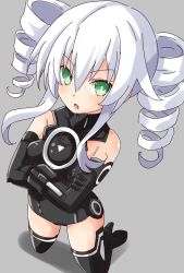 Rule 34 | 1girl, bare shoulders, black sister, black thighhighs, bodysuit, boots, breasts, choujigen game neptune mk2, drill hair, gloves, green eyes, grey background, heels, high heel boots, high heels, highres, iwashi dorobou -r-, kneeling, long hair, neptune (series), open mouth, power symbol-shaped pupils, simple background, small breasts, solo, symbol-shaped pupils, thighhighs, thighs, tsundere, twin drills, twin drills, twintails, uni (neptunia), white hair