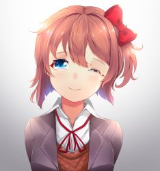 Rule 34 | 1girl, ;), blue eyes, blush, bow, brown hair, commentary, commission, doki doki literature club, english commentary, gradient background, hair between eyes, hair bow, happy tears, head tilt, looking at viewer, one eye closed, one side up, red bow, sayori (doki doki literature club), school uniform, short hair, simple background, smile, solo, tears, tsukimaru, upper body
