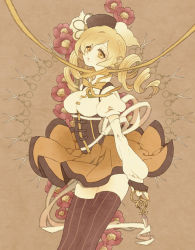 Rule 34 | 10s, 1girl, beret, blonde hair, drill hair, flower, guilty, hat, magical girl, mahou shoujo madoka magica, mahou shoujo madoka magica (anime), ribbon, scissors, solo, thighhighs, tomoe mami, tsumi guilty, twin drills, twintails, yellow eyes