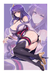 1girl absurdres ass bare_shoulders black_panties black_thighhighs blush border breasts cleavage commentary_request dogs_(dlrkdejr26) fingernails gem genshin_impact hair_ornament highres japanese_clothes kimono korean_commentary large_breasts long_hair looking_at_viewer obi panties partial_commentary purple_background purple_eyes purple_gemstone purple_hair purple_kimono raiden_shogun red_sash sash thighhighs underwear variant_set very_long_hair white_border zoom_layer