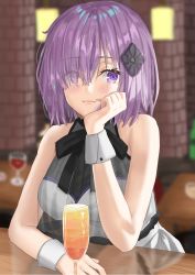 Rule 34 | 1girl, bad id, bad pixiv id, bare shoulders, black ribbon, blush, commentary request, cup, dress, drink, drinking glass, eyes visible through hair, fate/grand order, fate (series), formal, hair ornament, hair over one eye, hand on own cheek, hand on own chin, hand on own face, highres, indoors, kazama (akki12), light purple hair, lips, looking at viewer, mash kyrielight, mash kyrielight (under the same sky), neck ribbon, official alternate costume, pink lips, purple eyes, ribbon, see-through, short hair, sleeveless, sleeveless dress, smile, solo, under the same sky, upper body, white dress, wrist cuffs