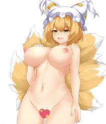Rule 34 | 1girl, :d, animal ears, animal hat, blonde hair, blush, breasts, censored, completely nude, cowboy shot, fox ears, fox tail, hand on own chest, hat, heart, heart censor, highres, large breasts, leon0705, mob cap, multiple tails, nipples, nude, open mouth, mob cap, short hair, simple background, smile, solo, tail, touhou, white background, yakumo ran, yellow eyes