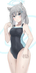 Rule 34 | absurdres, animal ear fluff, animal ears, black one-piece swimsuit, blue archive, blue eyes, breasts, competition swimsuit, covered navel, cowboy shot, cross hair ornament, extra ears, grey hair, hair ornament, halo, highres, k12040707, low ponytail, medium breasts, medium hair, mismatched pupils, multicolored clothes, multicolored swimsuit, one-piece swimsuit, shiroko (blue archive), shiroko (swimsuit) (blue archive), simple background, standing, swimsuit, white background