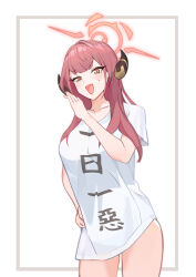 Rule 34 | 0.7 (aysatnegr), 1girl, aru (blue archive), blue archive, blush, breasts, brown horns, clothes writing, collarbone, commentary request, cowboy shot, demon horns, halo, highres, horns, large breasts, long hair, looking at viewer, open mouth, pink hair, pink halo, shirt, short sleeves, solo, white background, white shirt, yellow eyes