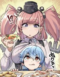 Rule 34 | !?, 2girls, :o, :q, anchor hair ornament, atlanta (kancolle), black headwear, black skirt, blush, breast press, breasts, brown hair, earrings, food, garrison cap, hair ornament, hat, headgear, highres, holding, holding food, jewelry, kantai collection, large breasts, long hair, long sleeves, mizoki kei, multiple girls, parted lips, pink hair, pizza, plate, sado (kancolle), shirt, simple background, single earring, skirt, star (symbol), star earrings, suspender skirt, suspenders, sweat, table, tongue, tongue out, two side up