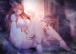 Rule 34 | 1girl, anklet, bangle, barefoot, bracelet, breasts, brown hair, cleavage, detached sleeves, closed eyes, horns, jewelry, long hair, lots of jewelry, open mouth, original, pillar, sitting, sleeping, solo, thigh strap, yaoya musuko