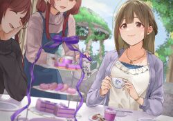 Rule 34 | 3girls, ahoge, alstroemeria (idolmaster), apron, blouse, blush, braid, brown eyes, brown hair, cake, closed mouth, cloud, cloudy sky, collarbone, cookie, cup, day, dot nose, food, fork, frills, garden, hair over shoulder, hand on own chin, highres, holding, holding cup, holding teapot, idolmaster, idolmaster shiny colors, jewelry, kuwayama chiyuki, long hair, long sleeves, macaron, multiple girls, necklace, open mouth, osaki amana, osaki tenka, pekoni (peconi), plant, plate, purple ribbon, ribbon, shirt, siblings, sisters, sitting, sky, smile, standing, sweater, swept bangs, table, teapot, tree, twins, vines, watch, yellow eyes