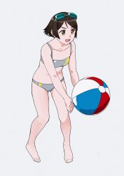 Rule 34 | 1girl, ball, barefoot, beachball, bikini, brown eyes, brown hair, commentary request, film grain, flat chest, full body, goggles, goggles on head, grey background, grey bikini, kantai collection, ojipon, open mouth, short hair, simple background, solo, swimsuit, tanikaze (kancolle), tankini, teeth, upper teeth only, v-shaped eyebrows