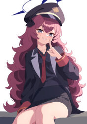 Rule 34 | 1girl, absurdres, black coat, black hat, black shirt, black skirt, blue archive, blue halo, coat, collarbone, collared shirt, grey eyes, halo, hat, highres, index finger raised, iroha (blue archive), long hair, long sleeves, looking at viewer, necktie, open clothes, open coat, peaked cap, pogeepoge, red hair, red necktie, shirt, simple background, sitting, skirt, solo, white background