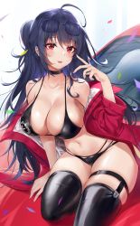 Rule 34 | 1girl, ahoge, azur lane, bare shoulders, bikini, black bikini, black choker, black hair, black thighhighs, breasts, car, choker, cleavage, collarbone, confetti, eyewear on head, glasses, highres, jacket, large breasts, latex, latex legwear, long hair, looking at viewer, motor vehicle, multi-strapped bikini bottom, navel, off shoulder, official alternate costume, one side up, open clothes, open jacket, parted lips, pdxen, race queen, red eyes, red jacket, sidelocks, simple background, skindentation, smile, solo, stomach, string bikini, swimsuit, taihou (azur lane), taihou (enraptured companion) (azur lane), thighhighs, thighs, very long hair, white background