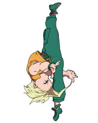 Rule 34 | 1boy, belt, blonde hair, blue eyes, boots, charlie nash, chibi, collarbone, commentary request, flexible, glasses, kicking, male focus, navel, open clothes, open vest, pants, profile, rimless eyewear, solo, street fighter, street fighter zero (series), tanakalma, upside-down, vest