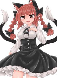 Rule 34 | 1girl, :3, alternate costume, animal ears, black bow, black dress, black ribbon, black tail, bow, braid, breasts, buttons, cat ears, cat tail, chups, collared shirt, dress, extra ears, fang, frilled dress, frills, hair bow, hand on own chest, highres, kaenbyou rin, long sleeves, looking at viewer, multiple tails, nail polish, open mouth, red eyes, red hair, red nails, red neckwear, ribbon, shirt, short hair, simple background, smile, solo, tail, touhou, twin braids, two tails, white background, white frills, white shirt, white sleeves