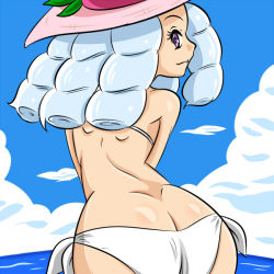 Rule 34 | 10s, 1girl, ass, beach, bikini, blue hair, cloud, day, drill hair, eyelashes, happinesscharge precure!, happy, hat, hosshiwa, kogane (staygold), long hair, looking at viewer, outdoors, pink hat, precure, purple eyes, sketch, sky, smile, solo, straw hat, swimsuit, white bikini