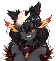 Rule 34 | 1girl, ;), animal ears, bare shoulders, black hair, black sclera, black skin, collar, colored sclera, colored skin, disembodied hand, dog ears, fire, flaming eyes, fur, grin, hand on another&#039;s head, headpat, hellhound (monster girl encyclopedia), highres, long hair, looking at viewer, monster girl, monster girl encyclopedia, monster girl encyclopedia ii, one eye closed, parted lips, pov, red eyes, signature, smile, solo, spiked collar, spikes, teeth, transparent background, upper body, wayanfa
