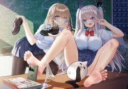 Rule 34 | 2girls, absurdres, barefoot, blonde hair, blue eyes, can, cellphone, chalkboard, classroom, desk, drink can, feet, highres, holding, holding shoes, lexington (cv-16) (warship girls r), lexington (warship girls r), light blush, loafers, long hair, looking at viewer, multiple girls, open mouth, panties, panties around leg, phone, school desk, shoes, silver hair, smartphone, soda can, soles, toes, twintails, underwear, unworn panties, unworn shoes, unworn socks, v, warship girls r
