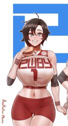 Rule 34 | 1girl, absurdres, aestheticc-meme, ahoge, artist name, bare shoulders, black hair, breasts, cropped, curvy, elbow pads, food, gluteal fold, gradient hair, burger, highres, holding, large breasts, looking at viewer, midriff, multicolored hair, navel, red hair, ruby rose, rwby, short hair, grey eyes, smile, solo, sportswear, stomach, thick thighs, thigh gap, thighs, third-party edit, wide hips, wristband
