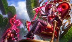 Rule 34 | 1boy, 1girl, alternate costume, alternate hairstyle, arm strap, armor, arrow (projectile), arrow through heart, ashe (league of legends), blue eyes, boots, bow (weapon), breasts, cleavage, drill hair, fake horns, flower, gloves, hair ornament, heart, heart hair ornament, heartseeker ashe, helmet, high heel boots, high heels, horned helmet, kneeling, league of legends, crossed legs, lipstick, long hair, makeup, michelle hoefener, official art, puffy sleeves, red flower, red lips, red rose, rose, silver hair, sitting, thigh boots, thighhighs, throne, tryndamere, weapon