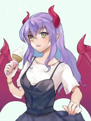 Rule 34 | 1girl, artist request, bare legs, bat wings, breasts, casual, demon girl, dress, eating, fang, food, holding, holding food, ice cream, lilim (taimanin asagi battle arena), long hair, looking at viewer, miniskirt, pointy ears, skirt, smile, solo, tail, taimanin (series), taimanin asagi, taimanin rpgx, wings