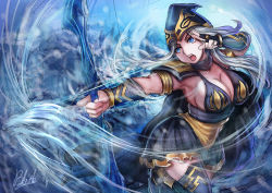 Rule 34 | 1girl, arrow (projectile), ashe (league of legends), bow (weapon), breasts, cleavage, holding, holding bow (weapon), holding weapon, large breasts, league of legends, long hair, open mouth, qblade, solo, weapon, white hair