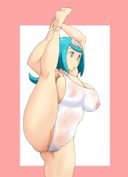 Rule 34 | 1girl, armpit hair, armpits, ass, belly, blue eyes, blue hair, breasts, collarbone, creatures (company), female pubic hair, flexible, freckles, game freak, hairband, highres, lana&#039;s mother (pokemon), large breasts, leg lift, leg up, long hair, mature female, nintendo, one-piece swimsuit, pokemon, pokemon (anime), pokemon sm (anime), pubic hair, solo, standing, standing on one leg, swimsuit, tof, upper body, white one-piece swimsuit