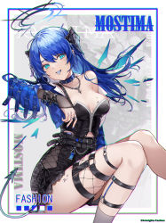 Rule 34 | 1girl, absurdres, alternate costume, arknights, bare shoulders, belt, black belt, black shirt, black skirt, blue choker, blue eyes, blue hair, blue tongue, breasts, character name, choker, colored tongue, commentary request, eminya 27, feet out of frame, female focus, hair between eyes, halo, highres, horns, jewelry, long hair, looking at viewer, medium breasts, miniskirt, mostima (arknights), necklace, shirt, sitting, skirt, solo, spiked choker, spikes, strapless, strapless shirt, thigh strap, thighs