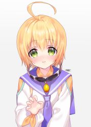 Rule 34 | ahoge, artist name, blonde hair, blush, child, green eyes, highres, jewelry, laphicet (tales), male focus, nanaki awa, necklace, sailor collar, simple background, solo, tales of (series), tales of berseria, upper body