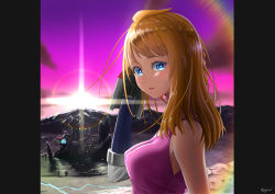 Rule 34 | 1girl, absurdres, arm up, artist name, blue eyes, braid, breasts, crying, crying with eyes open, decadence (anime), hand up, highres, huge filesize, kayama kouji, lens flare, long hair, looking at viewer, medium breasts, natsume (decadence), outdoors, pink sky, prosthesis, prosthetic arm, sky, solo, standing, sunset, tank top, tears