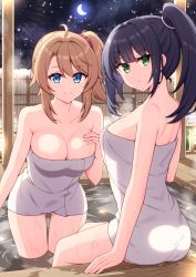 Rule 34 | 2girls, ahoge, arm at side, bare arms, bare shoulders, black hair, blue eyes, breast suppress, breasts, brown hair, closed mouth, crescent moon, fence, green eyes, hair ornament, hair scrunchie, hand on own chest, highres, large breasts, looking at viewer, melonbooks, moon, multiple girls, naked towel, night, night sky, onsen, original, outdoors, red scrunchie, ripples, scrunchie, side ponytail, sidelocks, sitting, sky, smile, soaking feet, standing, star (sky), starry sky, t@ke-g, thighs, towel, wading, water, white towel, wooden fence