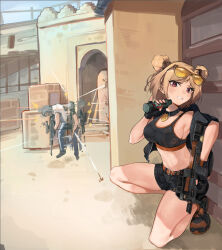 Rule 34 | 2girls, absurdres, bare shoulders, belt, black choker, black footwear, black shorts, blonde hair, breasts, brown belt, chadlink, character request, choker, cleavage, clenched teeth, commentary request, commission, counter-strike (series), counter-strike 2, crop top, double bun, eyewear on head, girls&#039; frontline, gun, hair bun, head tilt, highres, holding, holding gun, holding weapon, kneeling, large breasts, looking at viewer, midriff, multiple girls, navel, outdoors, p90 (girls&#039; frontline), purple eyes, second-party source, shoes, short hair, short shorts, shorts, sports bra, stomach, sunglasses, teeth, thighs, weapon